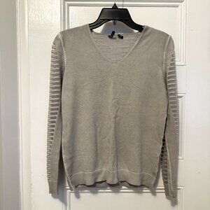 Light Grey Knit Sweater with Sheer Striped Sleeves – Size M